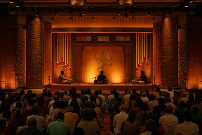 Indian classical concert hall glowing with warm devotional music atmosphere