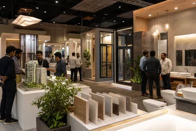 Architecture building materials and interior products displayed in a modern expo hall