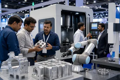 CNC machine tools and industrial robots operating in a Chennai technology exhibition