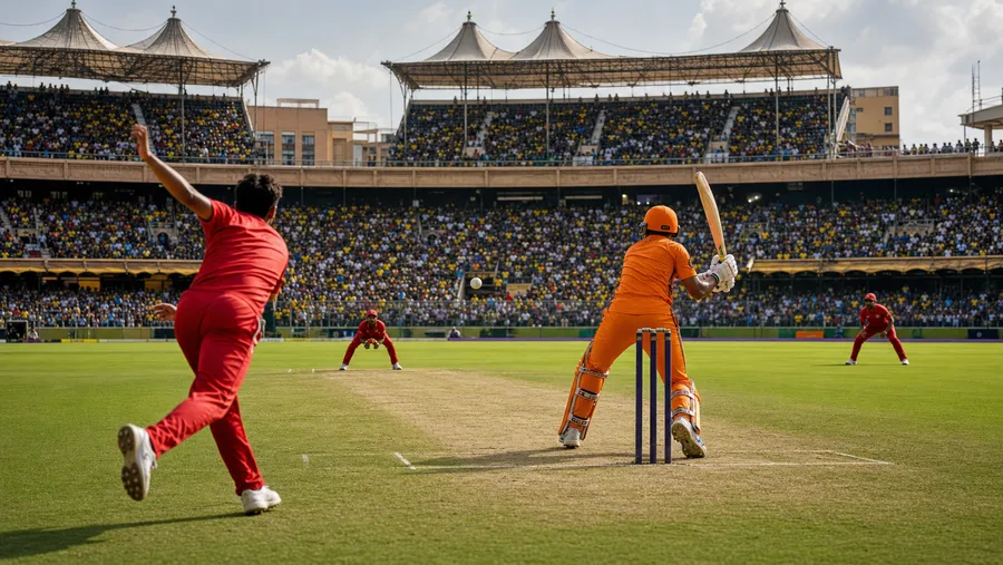 Daytime T20 cricket match in a packed Chennai stadium with red and orange supporters