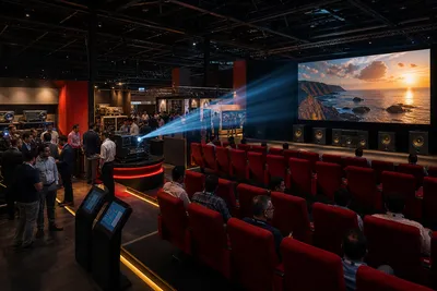 Cinema projection sound and luxury seating technology inside a trade exhibition hall