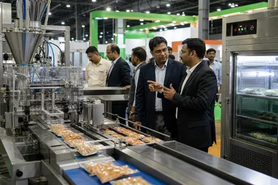 Food processing and packaging machinery displayed in a bright Chennai trade hall