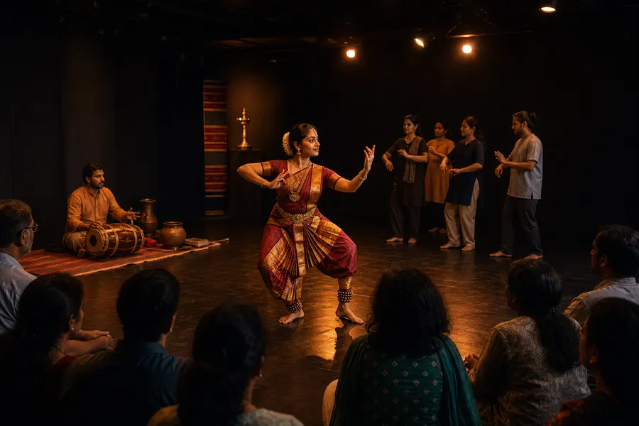 Intimate Chennai performing arts space with a classical dancer and warm stage light