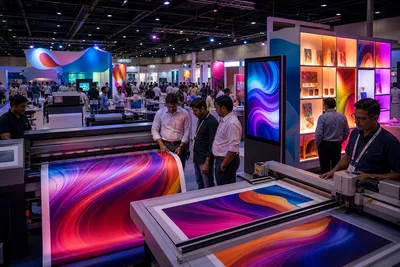Wide-format printers signage displays and packaging print equipment in a trade hall