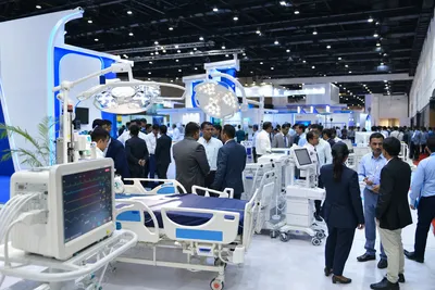 Modern medical equipment exhibition inside a professional Chennai trade hall