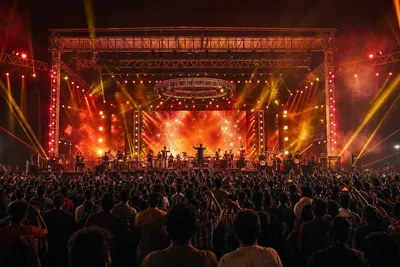 High-energy South Indian film music concert crowd with red and gold stage lights