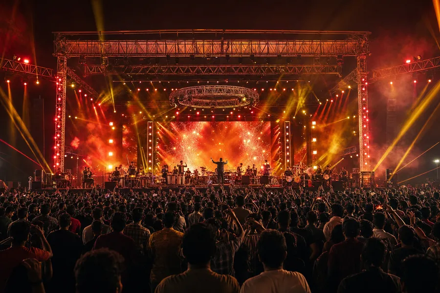 High-energy South Indian film music concert crowd with red and gold stage lights