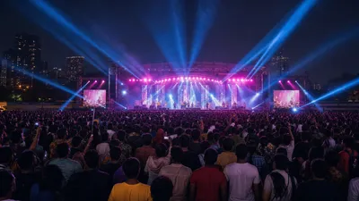 Large outdoor Tamil music concert crowd under dramatic purple stage lights